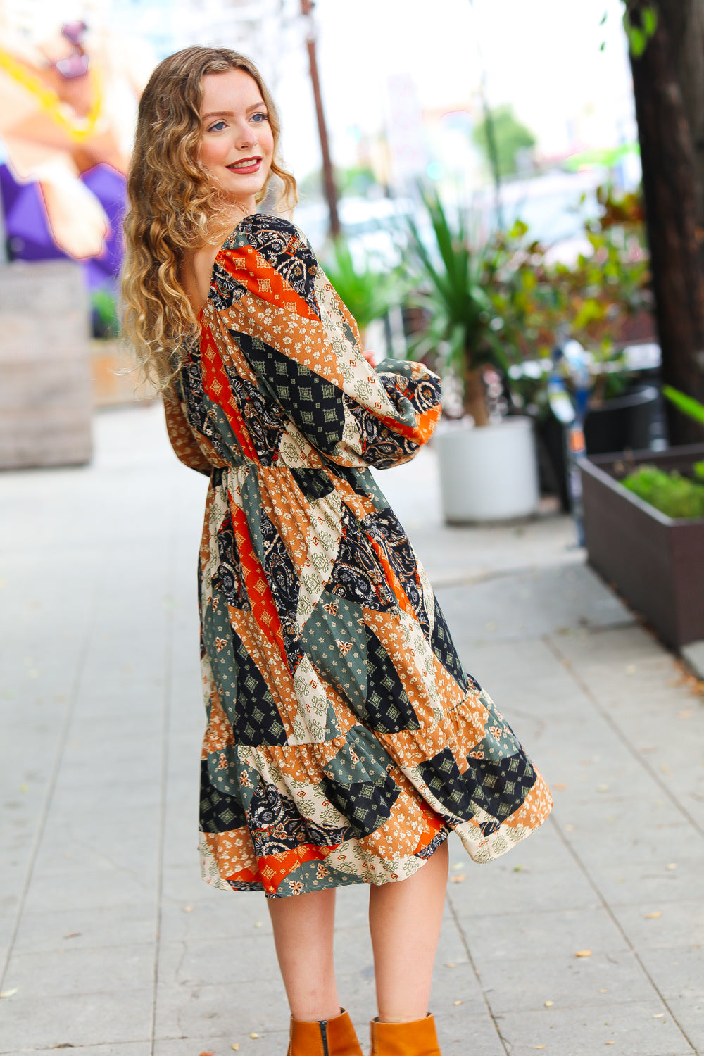 Taupe & Chocolate Boho Patchwork Midi Dress -SALE-