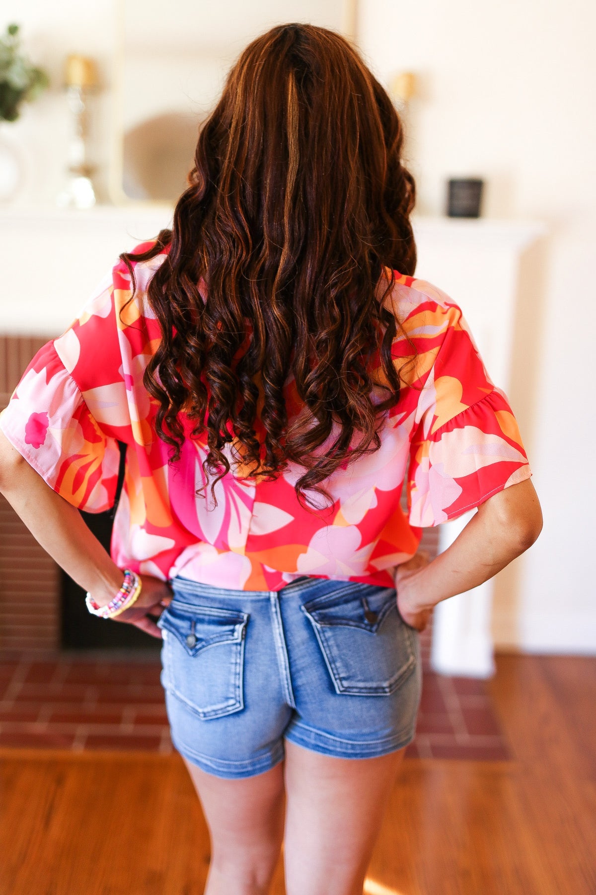 Tropical Vibes Peach Floral Dolman Ruffle Frill Sleeve Blouse