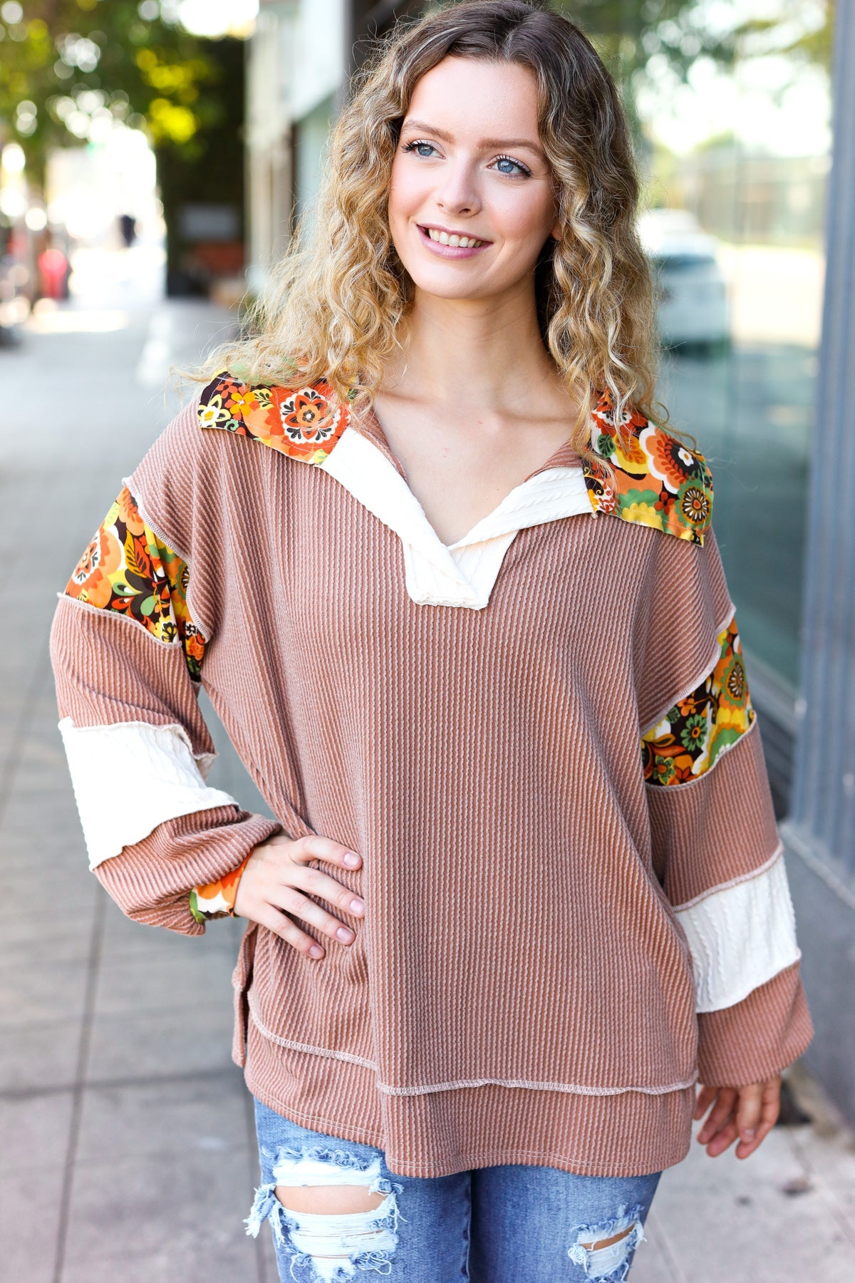 Charming Caramel Floral Print Colorblock Notch Neck Top