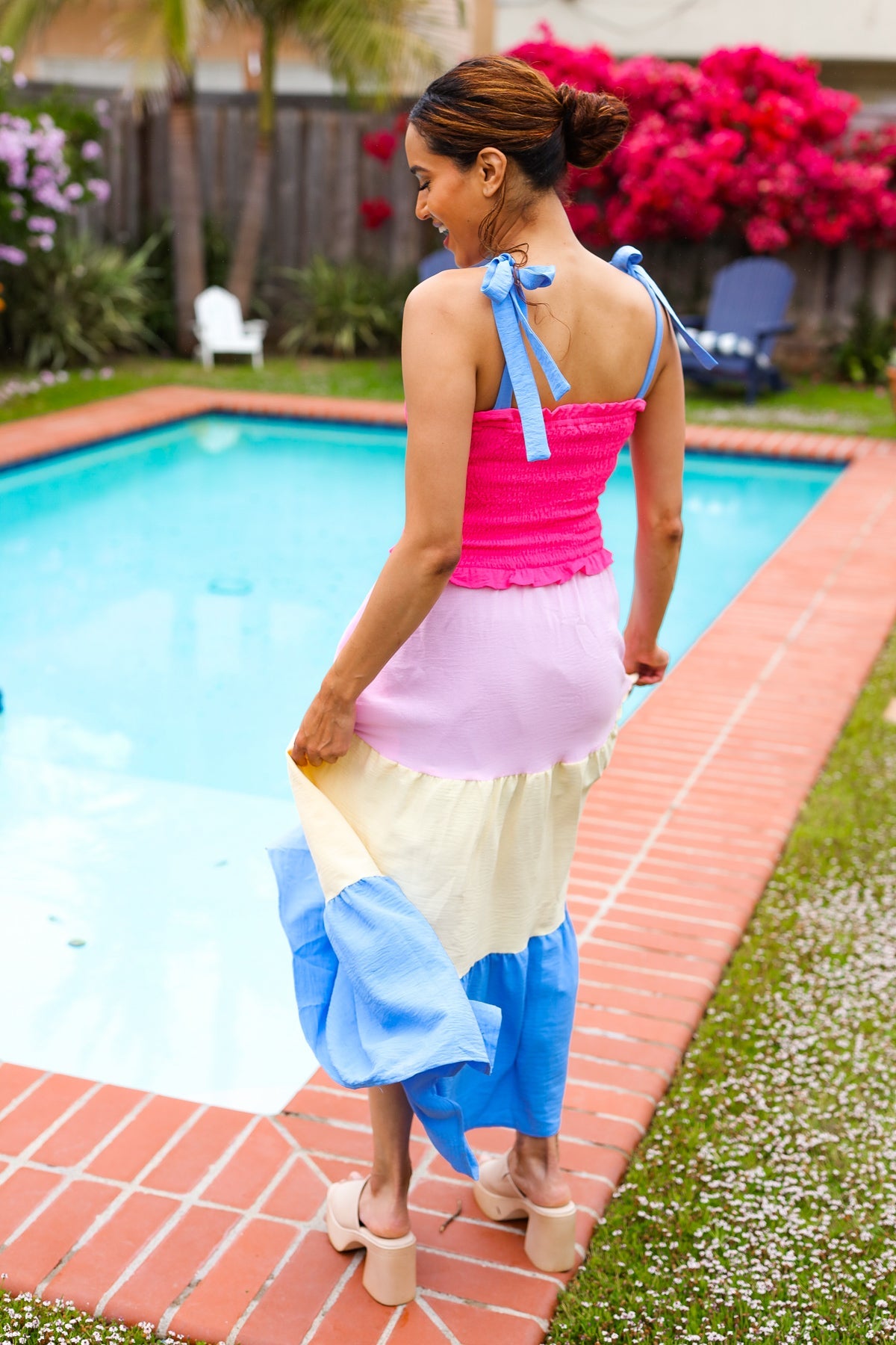 Vacay Vibes Hot Pink & Blue Smocked Color Block Maxi Dress