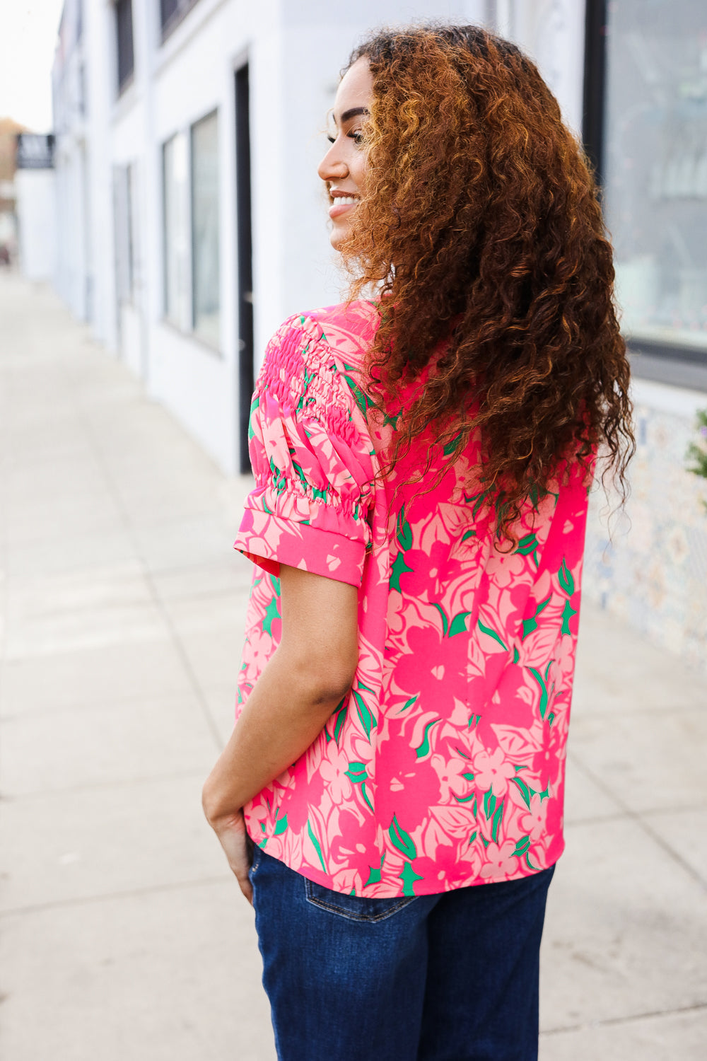 Vacay Vibes Floral Back Keyhole Short Smocked Banded Sleeve Top