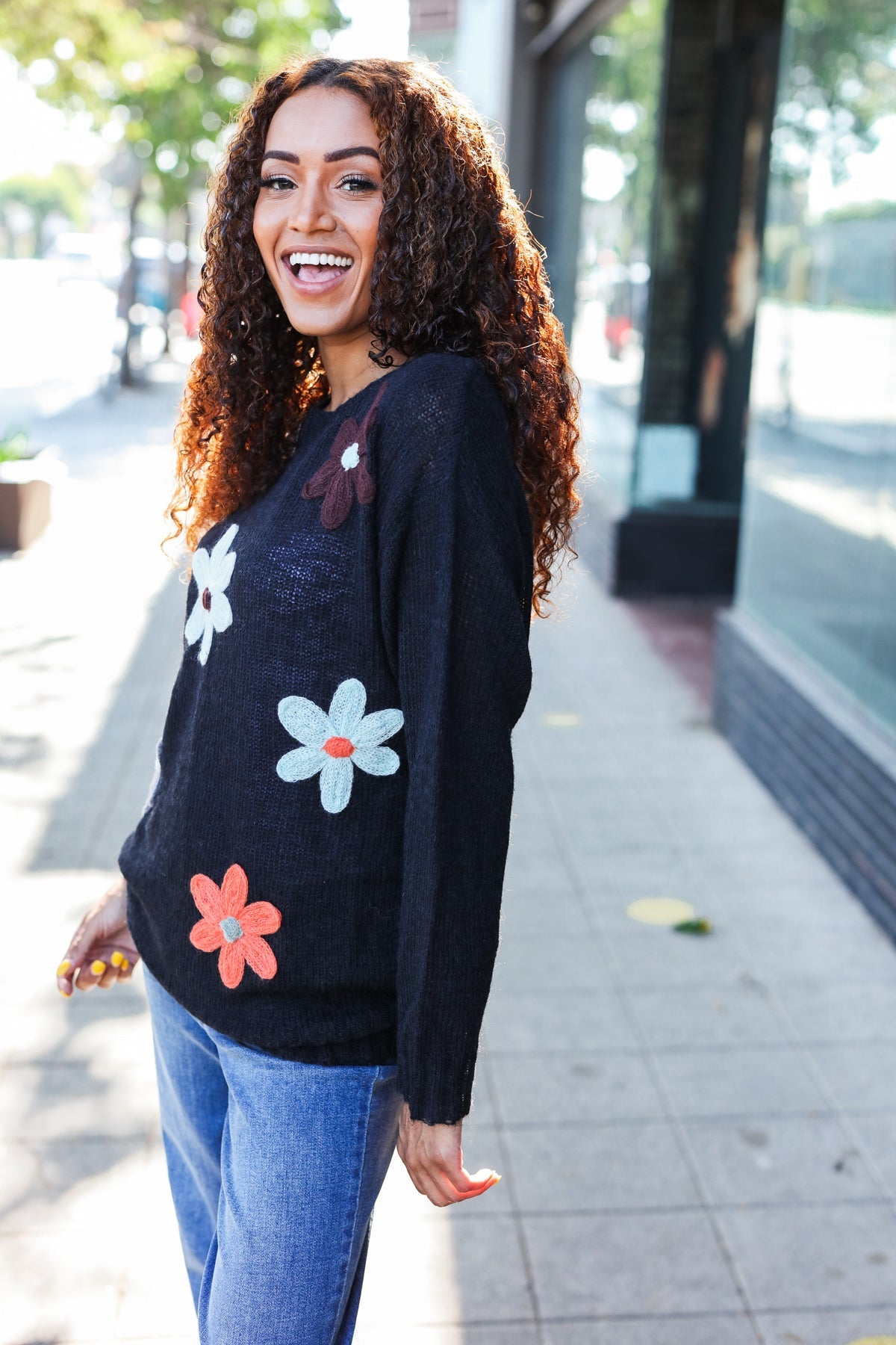 Eyes On You Black Flower Patch Oversized Knit Sweater