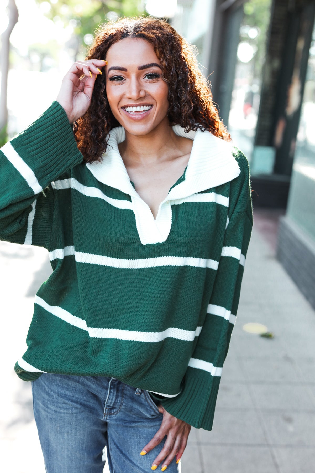 Fall For You Hunter Green Stripe Notched Neck Collared Oversized Sweater