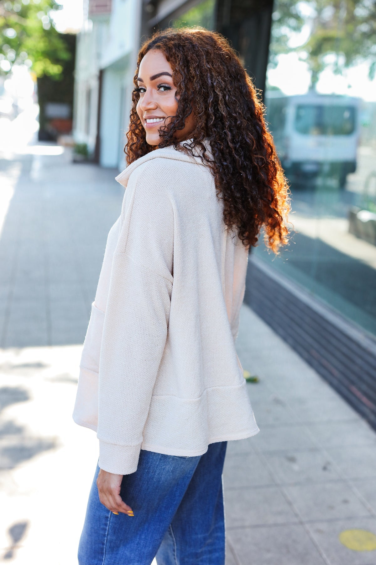 Easy Living Oatmeal Textured Knit Notch Neck Oversized Collar Sweater