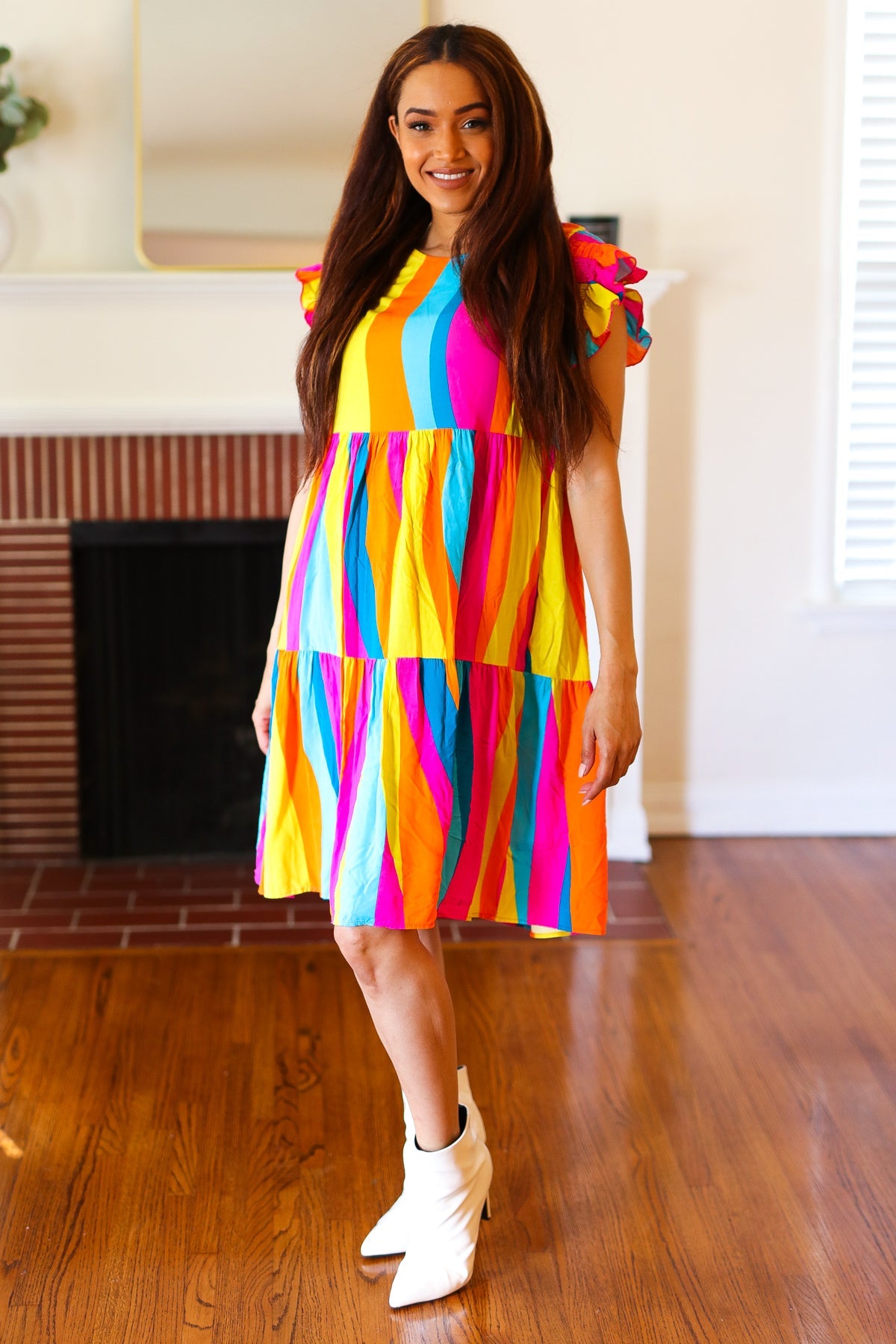 Colorful Dress Eyes On You Multicolor Abstract Print Smocked Ruffle Sleeve Dress