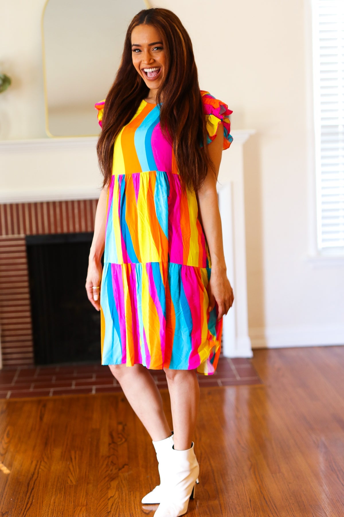 Colorful Dress Eyes On You Multicolor Abstract Print Smocked Ruffle Sleeve Dress