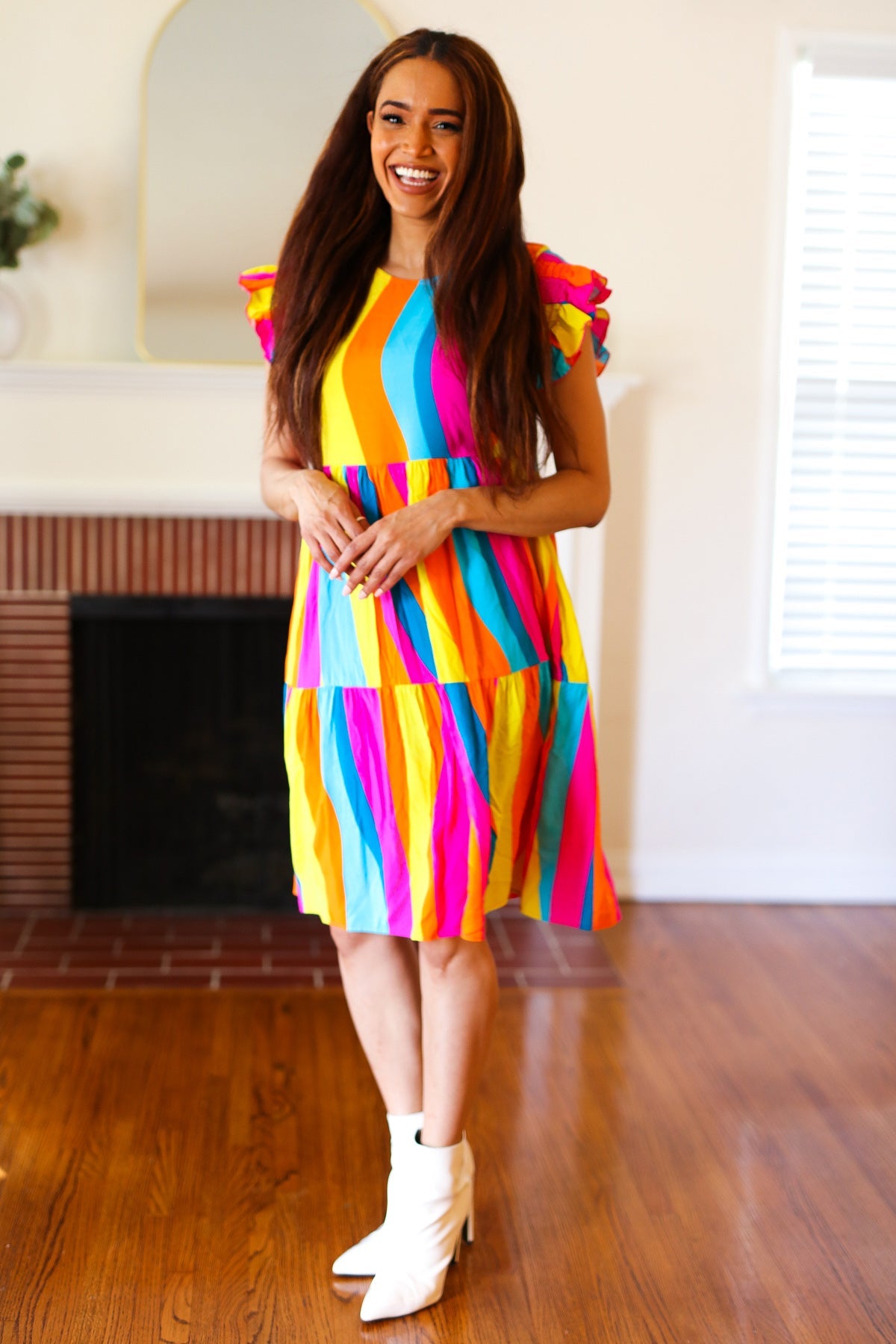 Colorful Dress Eyes On You Multicolor Abstract Print Smocked Ruffle Sleeve Dress