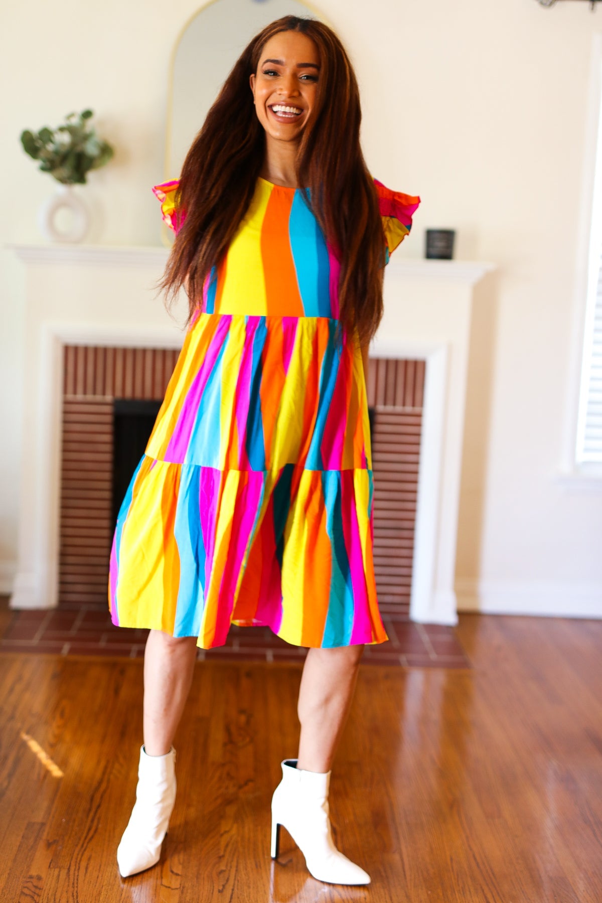 Colorful Dress Eyes On You Multicolor Abstract Print Smocked Ruffle Sleeve Dress