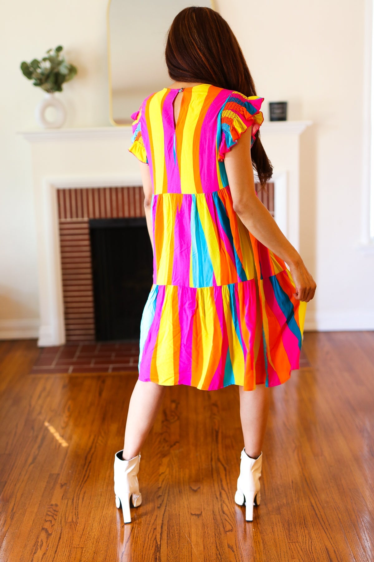 Colorful Dress Eyes On You Multicolor Abstract Print Smocked Ruffle Sleeve Dress