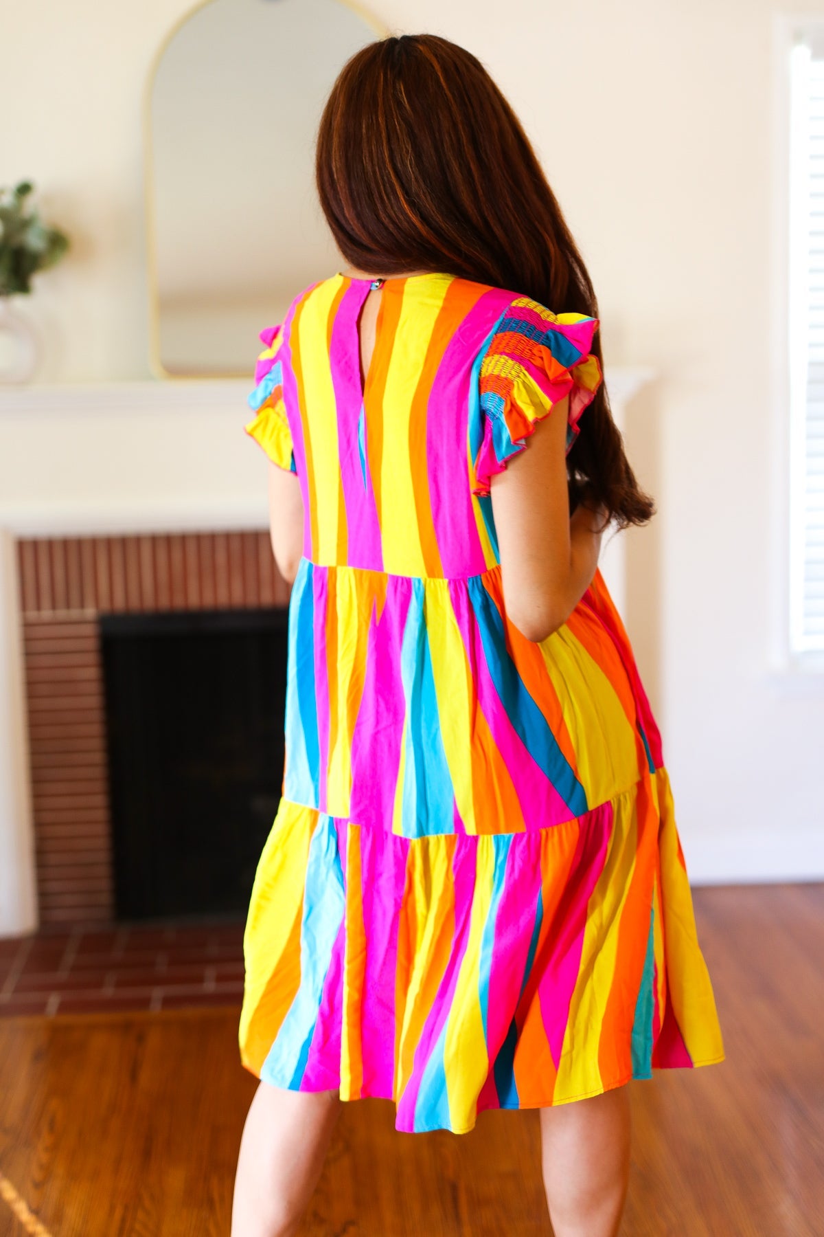 Colorful Dress Eyes On You Multicolor Abstract Print Smocked Ruffle Sleeve Dress