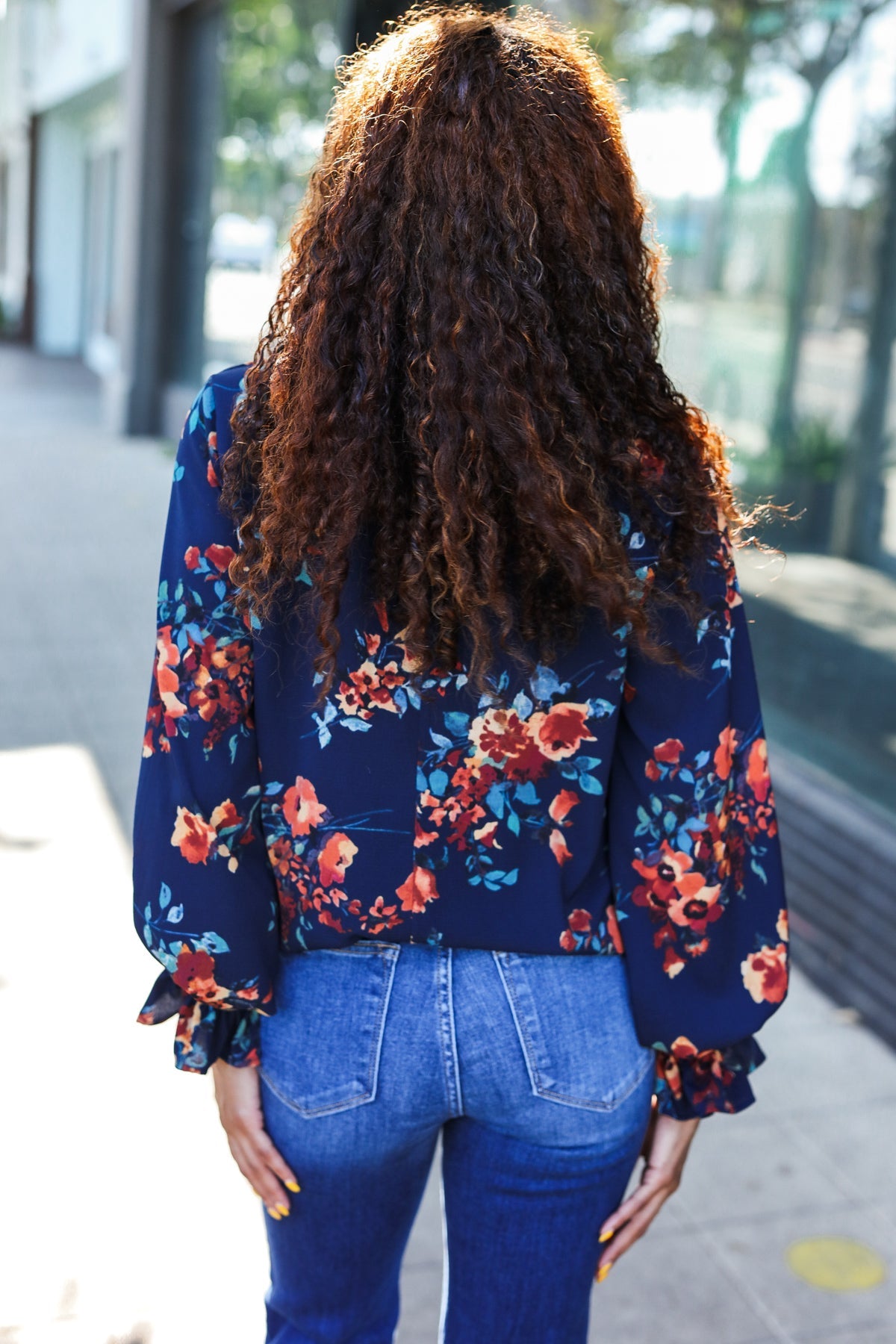 Lovely In Navy Floral Print Smocked Bubble Sleeve Woven Top