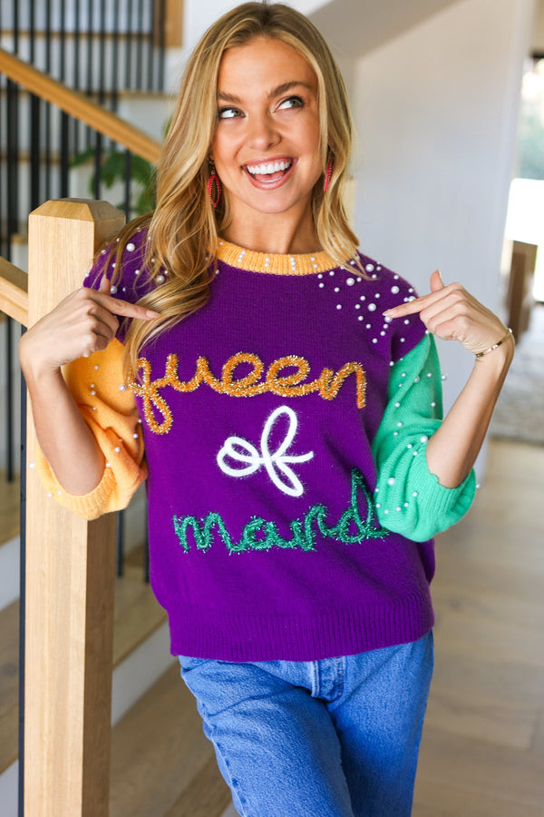 "Queen of Mardi" Pearl & Tinsel Color Block Knit Top