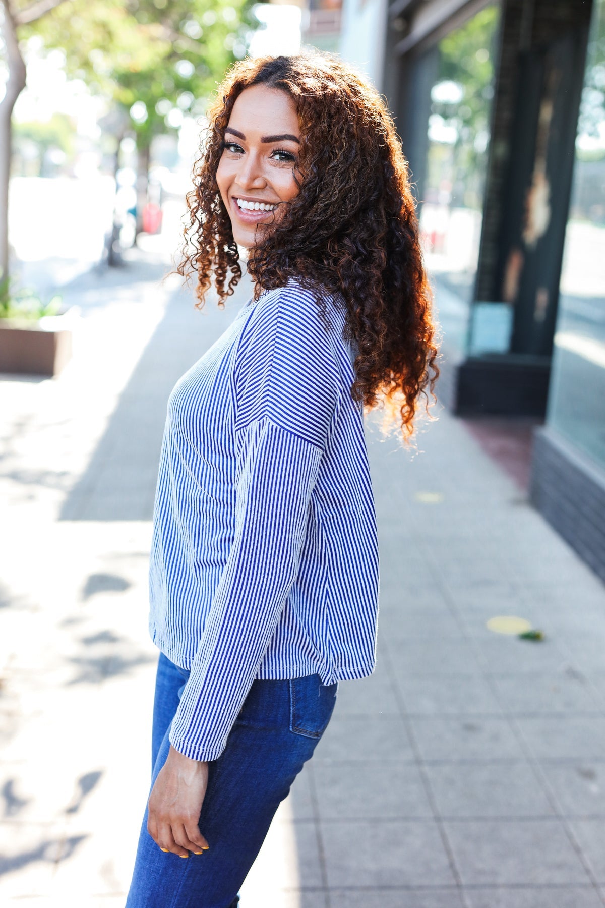 Hello Beautiful Blue Rib Dolman Cropped Sweater Top