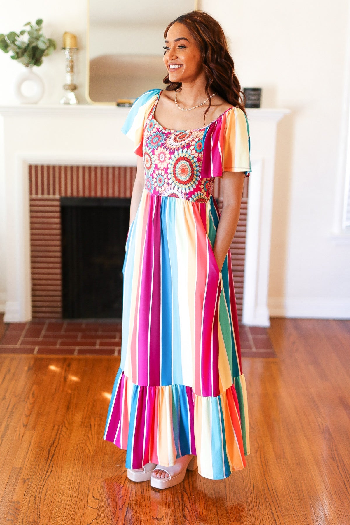 Feeling Bold Fuchsia & Teal Striped Medallion Crochet Print Dress