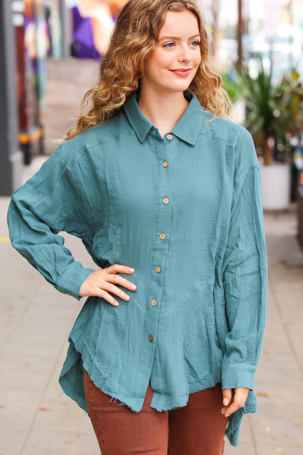 Haptics Beautiful You Teal Button Down Sharkbite Cotton Tunic Top 1x