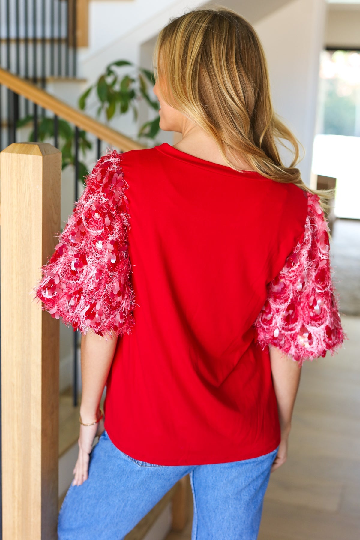 Red Era Sequin Puff Short Sleeve Top