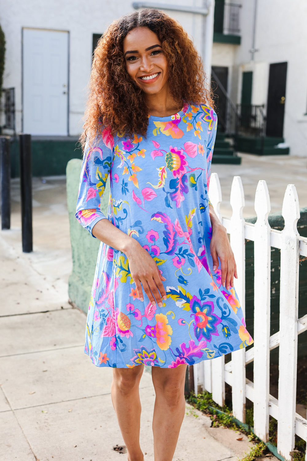 Chasing Dreams Blue Floral Print Three-Quarter Sleeve Frock Dress