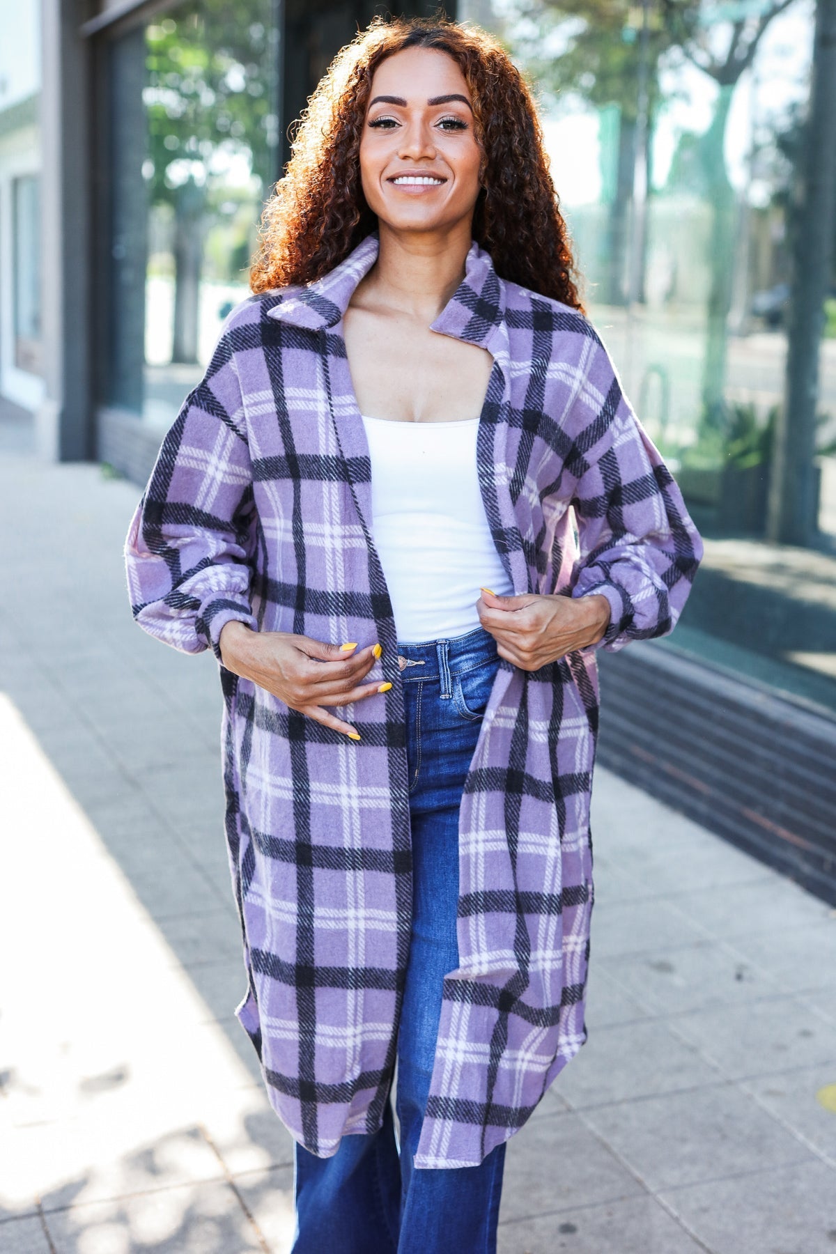 Fall Vibes Lavender Plaid Hacci Knit Open Cardigan