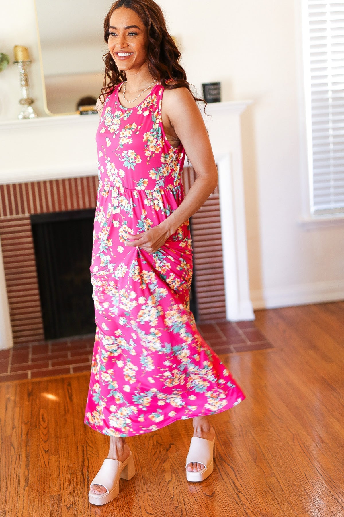 Pink Floral Print Fit and Flare Sleeveless Maxi Dress