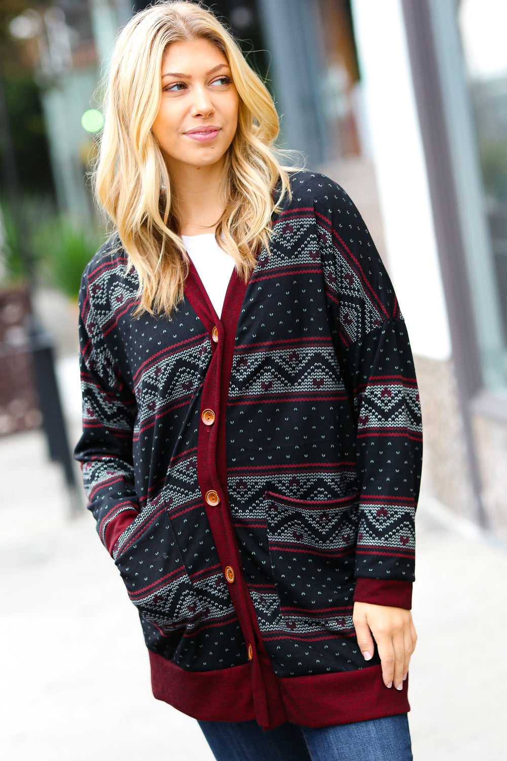 All Class Burgundy Holiday Print Button Cardigan