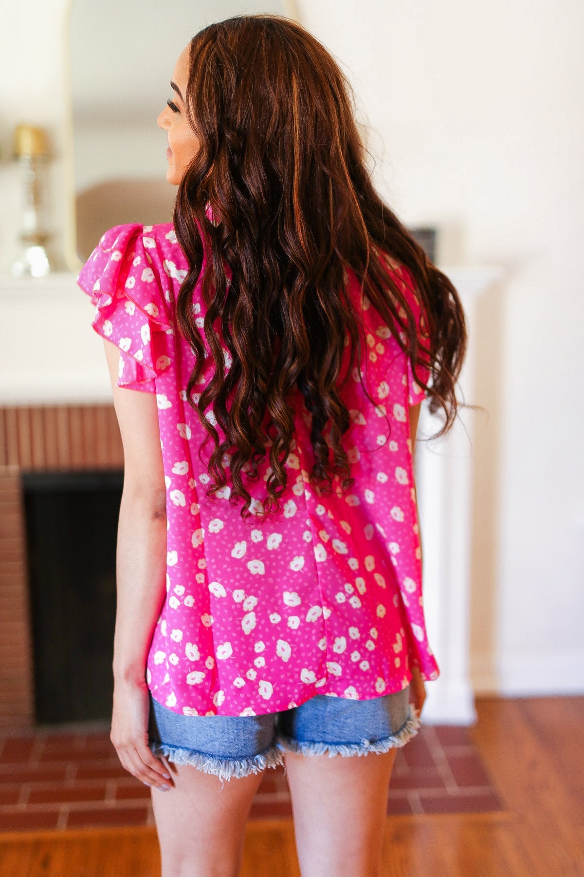 Hot Pink Floral Mock Neck Double Flutter Sleeve Top