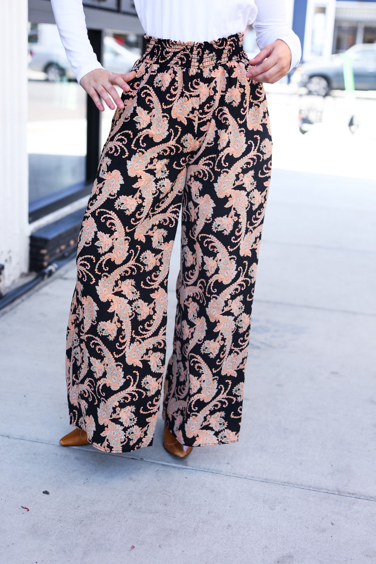 Fall Vibes Black Paisley Print Smocked Waist Palazzo Pants