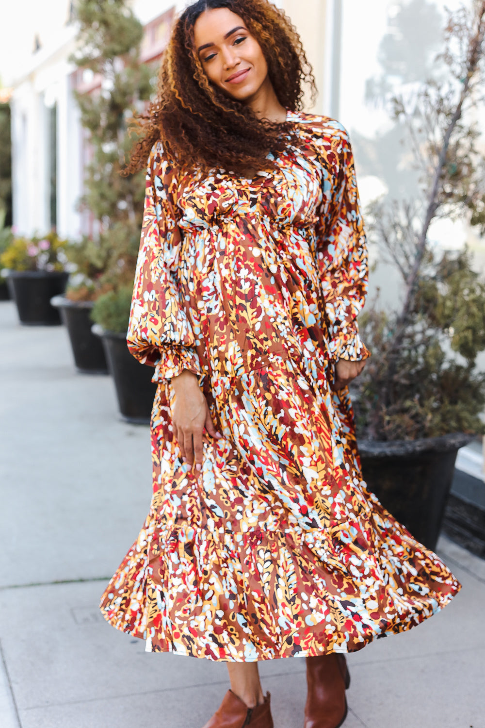 Mocha Floral Print V Neck Satin Maxi Dress