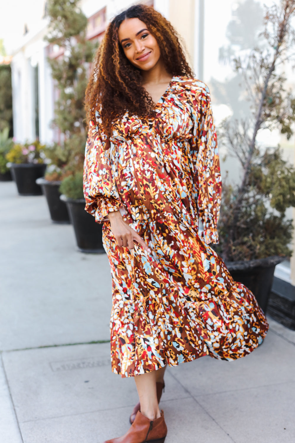 Mocha Floral Print V Neck Satin Maxi Dress