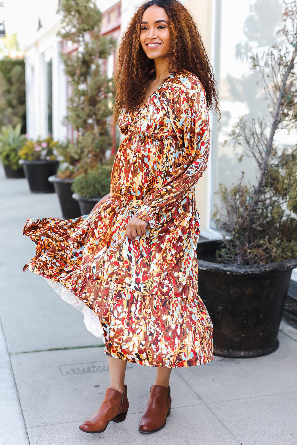 Mocha Floral Print V Neck Satin Maxi Dress