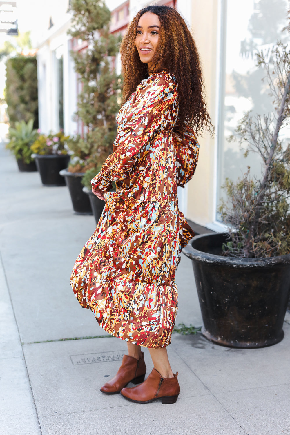 Mocha Floral Print V Neck Satin Maxi Dress