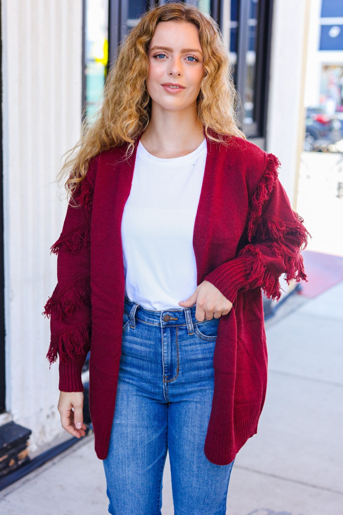 Beautiful You Burgundy Fringe Detail Knit Cardigan