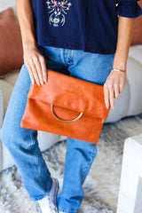 Burnt Sienna Fold Over Gold O-Ring Faux Leather Clutch
