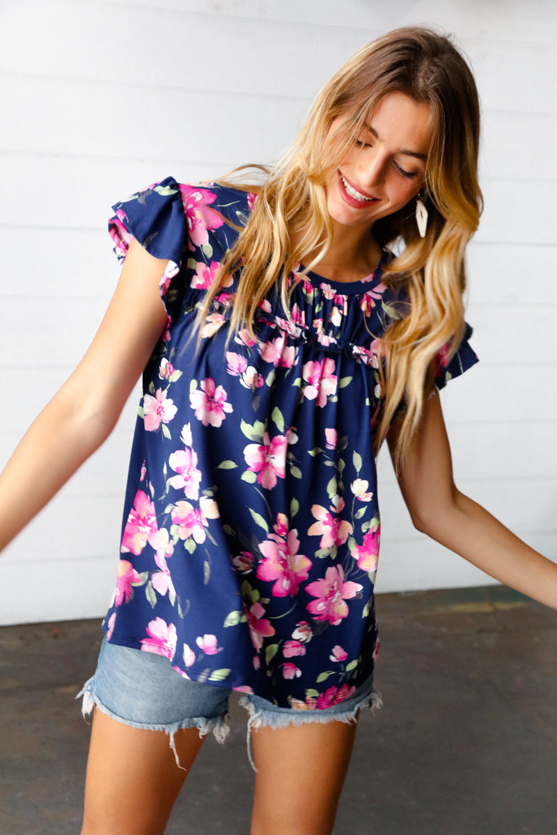 Navy & Pink Floral Print Frilled Short Sleeve Yoke Top