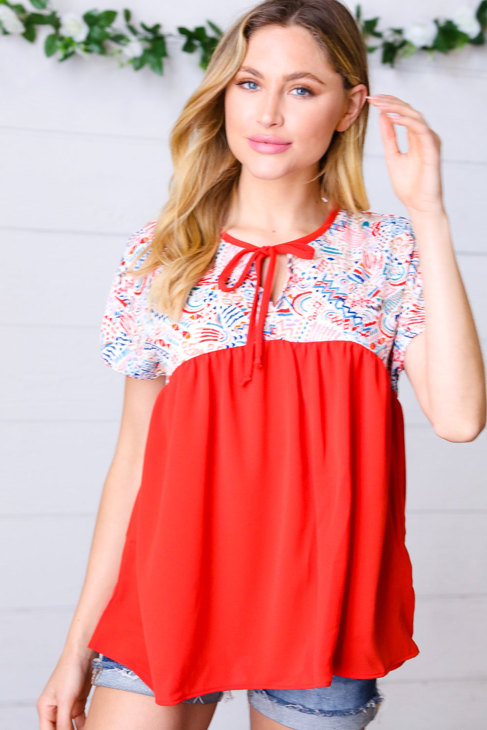 Red Boho Print Tie Neck Dolman Top -SALE-