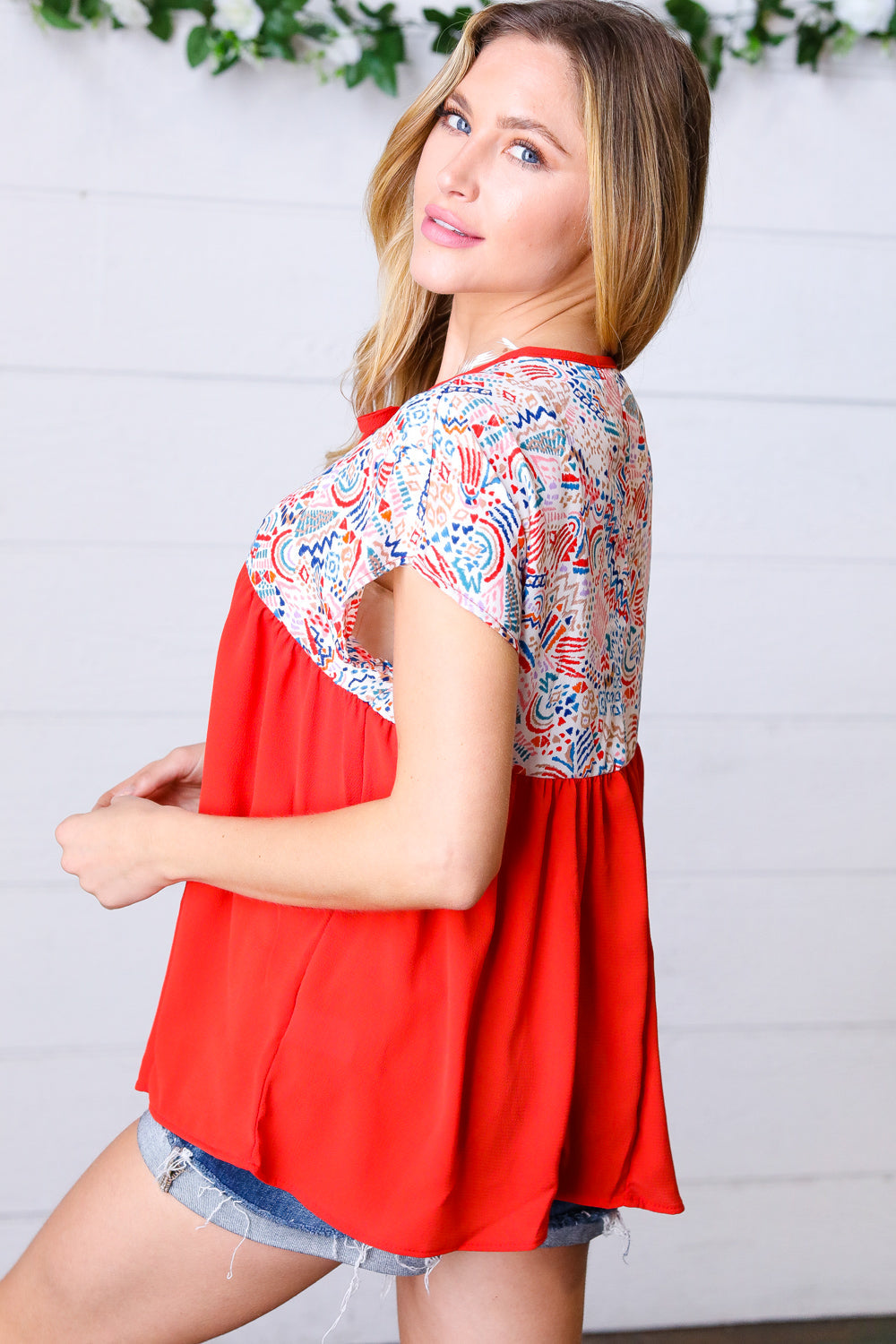 Red Boho Print Tie Neck Dolman Top -SALE-