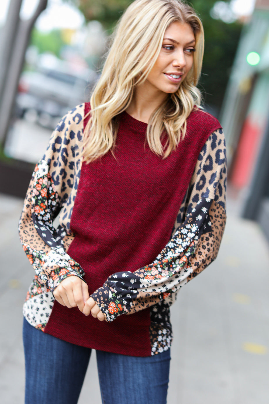 Falling For You Burgundy Two Tone Floral & Animal Print Top