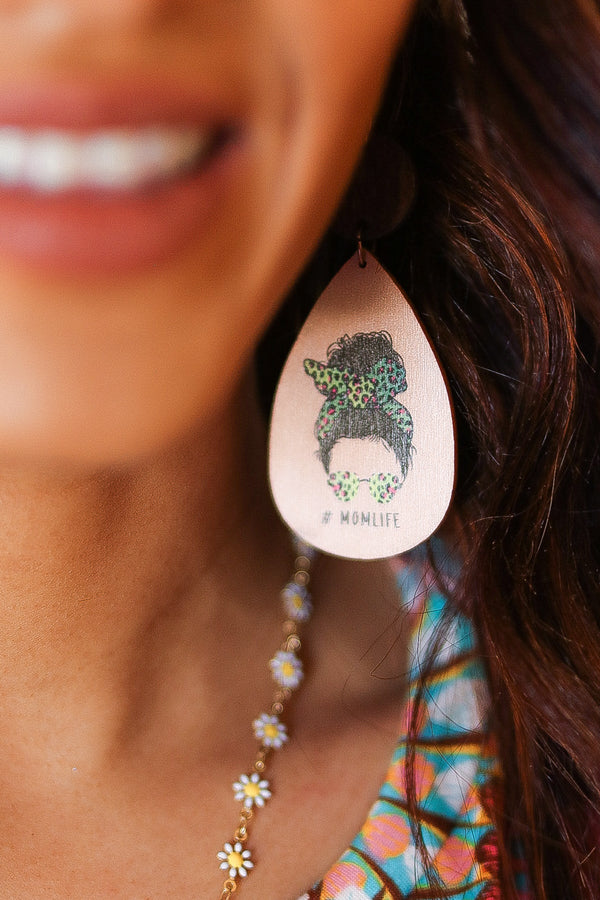 Green Cheetah "#MOMLIFE" Wooden Dangle Earrings