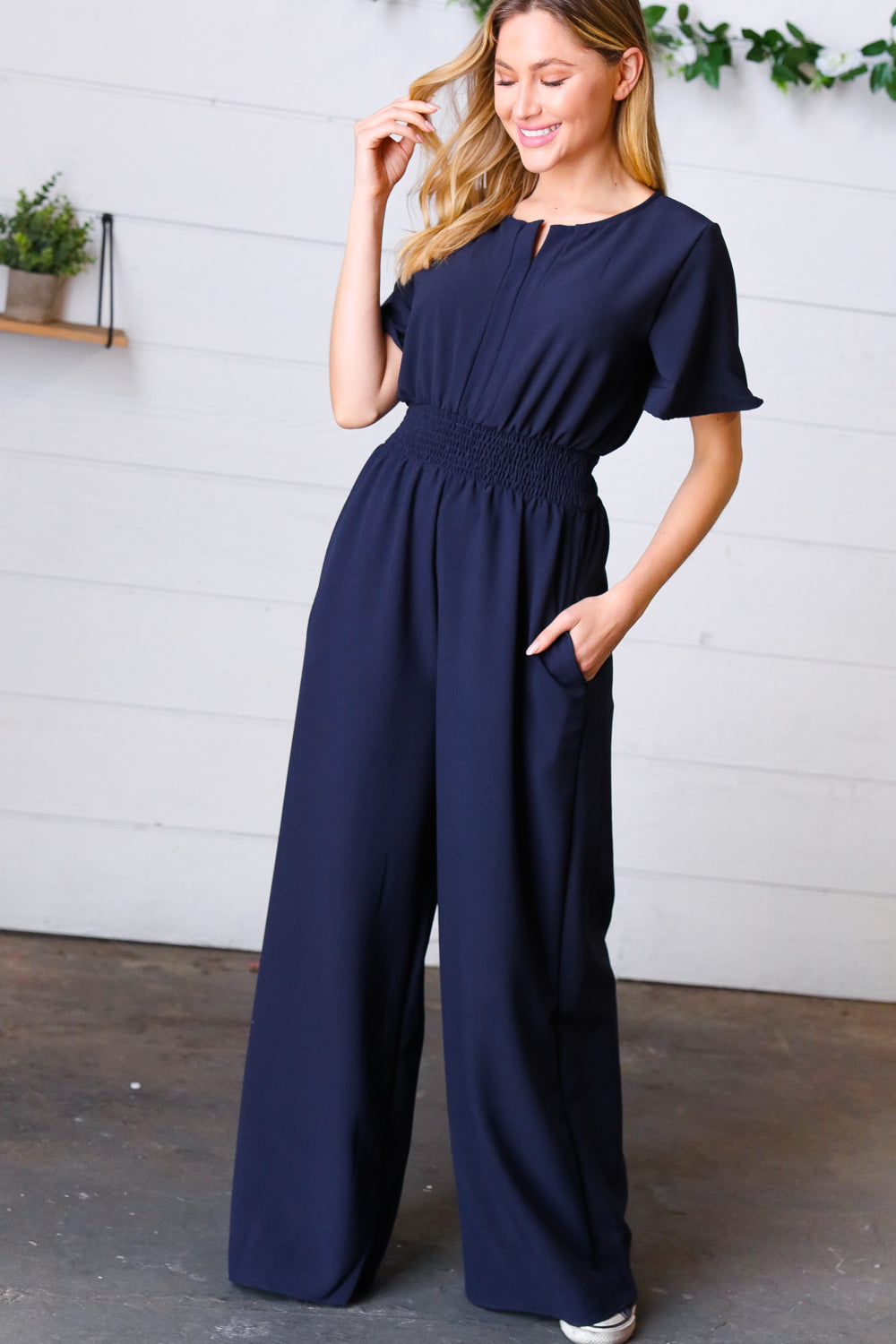 Dark Blue Smocked Waist Notch Neck Crepe Jumpsuit -SALE-