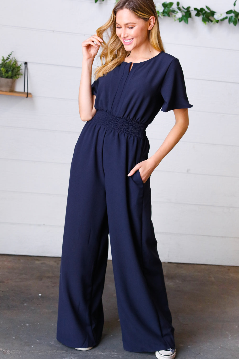 Dark Blue Smocked Waist Notch Neck Crepe Jumpsuit -SALE-