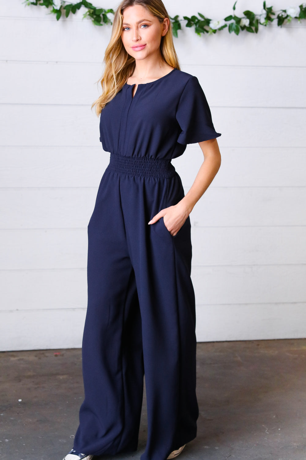 Dark Blue Smocked Waist Notch Neck Crepe Jumpsuit -SALE-