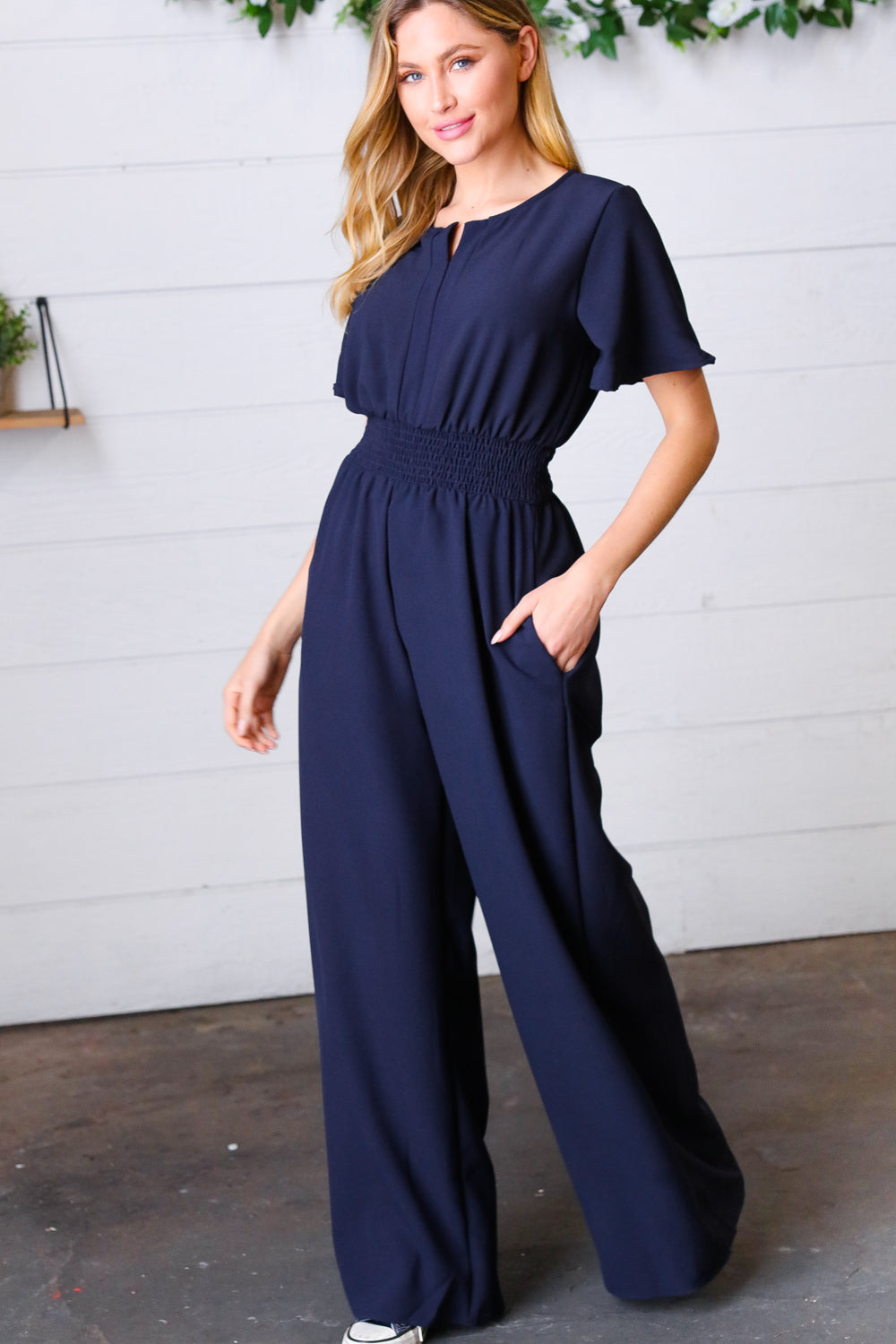 Dark Blue Smocked Waist Notch Neck Crepe Jumpsuit -SALE-