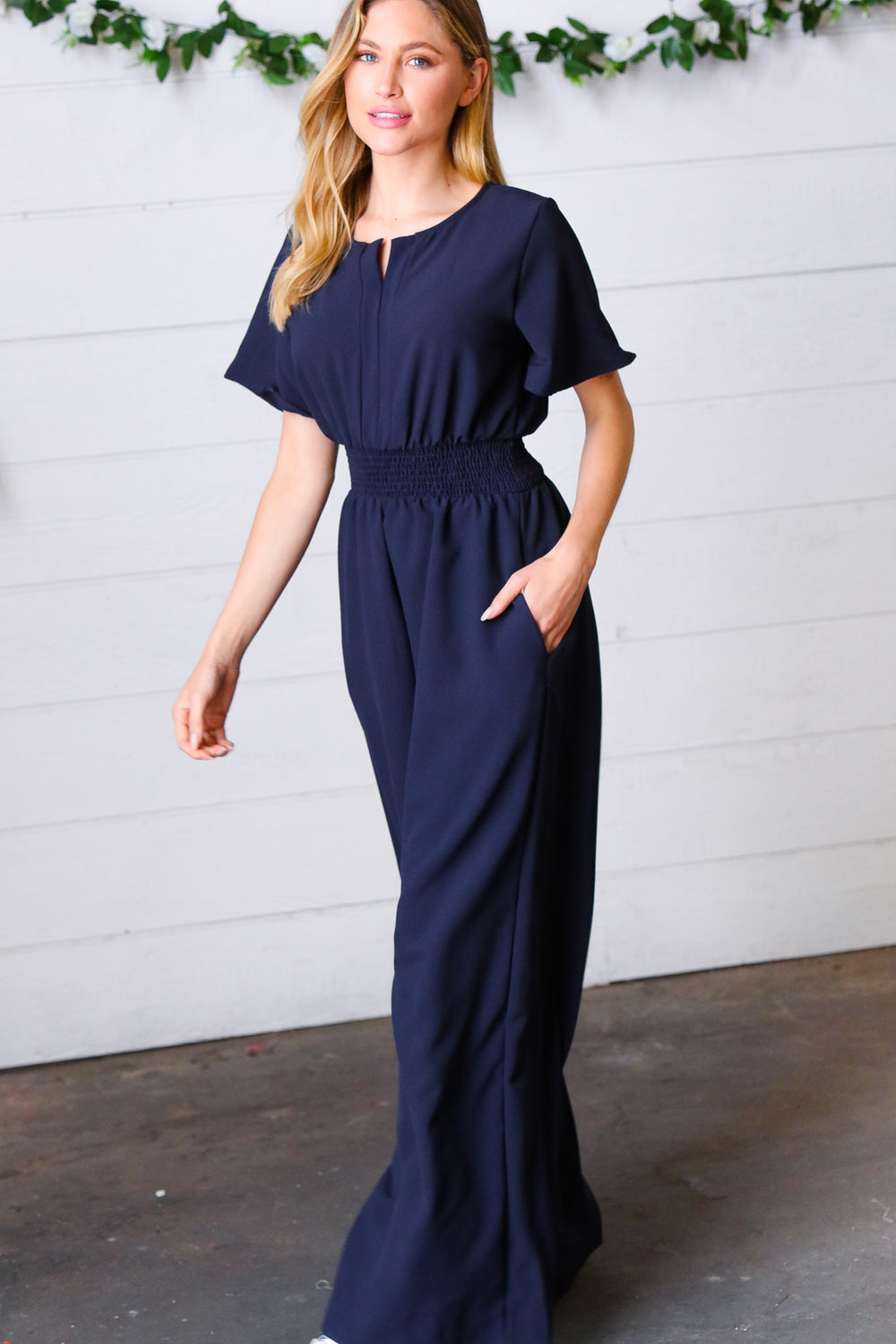 Dark Blue Smocked Waist Notch Neck Crepe Jumpsuit -SALE-