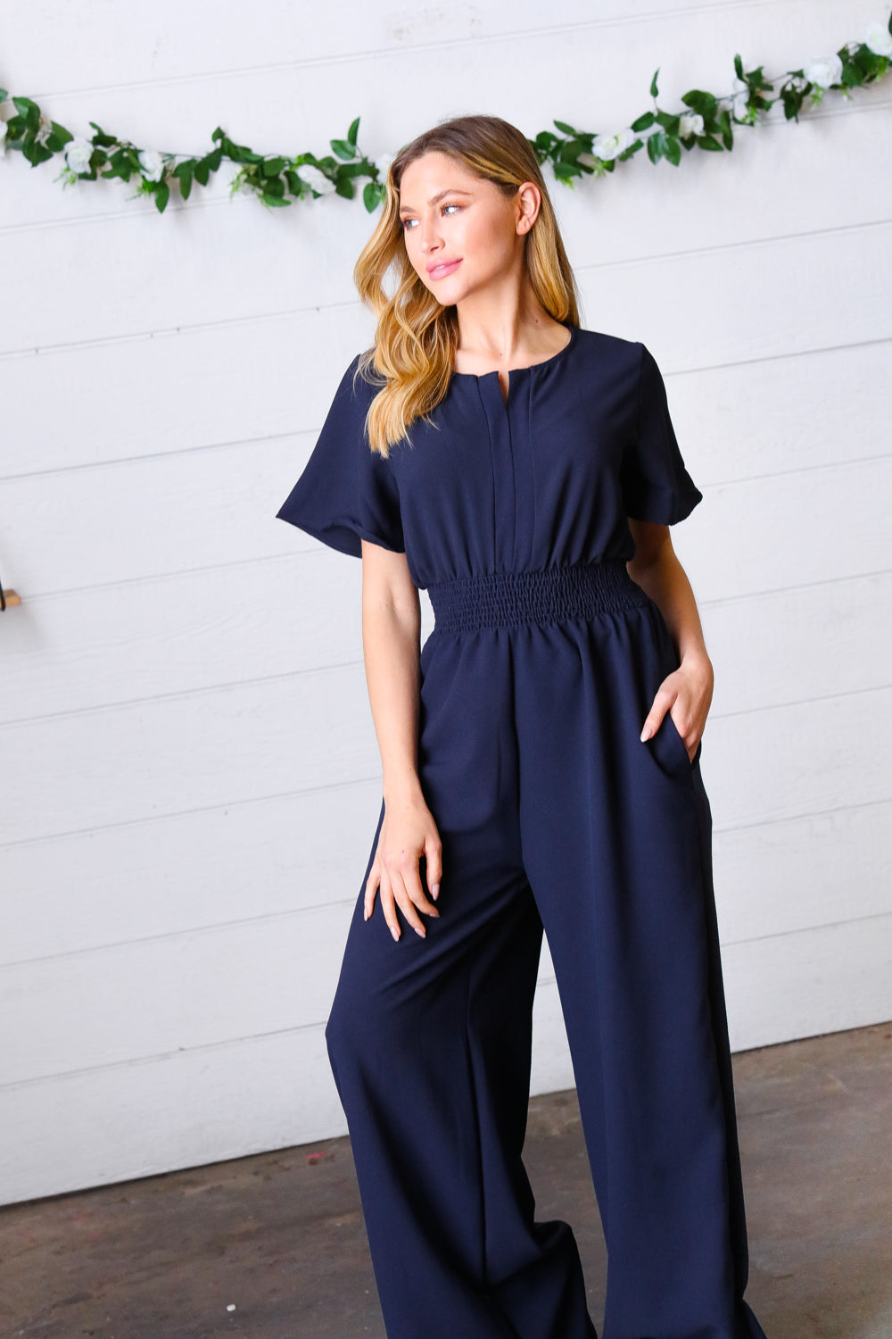 Dark Blue Smocked Waist Notch Neck Crepe Jumpsuit -SALE-