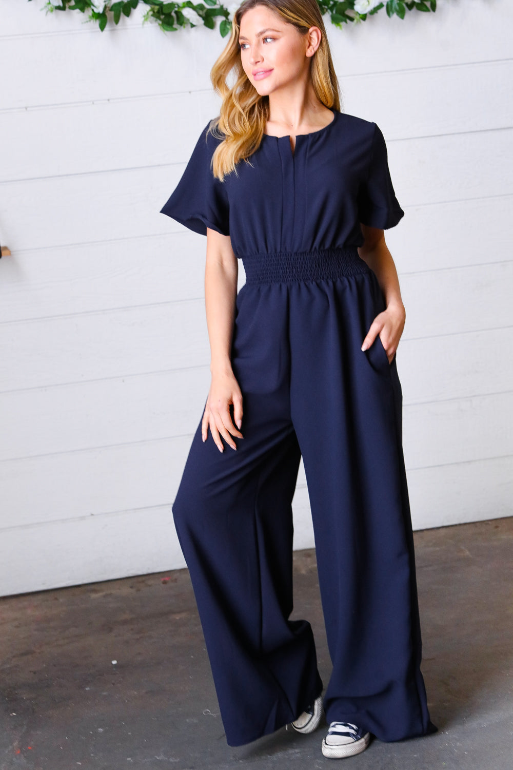 Dark Blue Smocked Waist Notch Neck Crepe Jumpsuit -SALE-