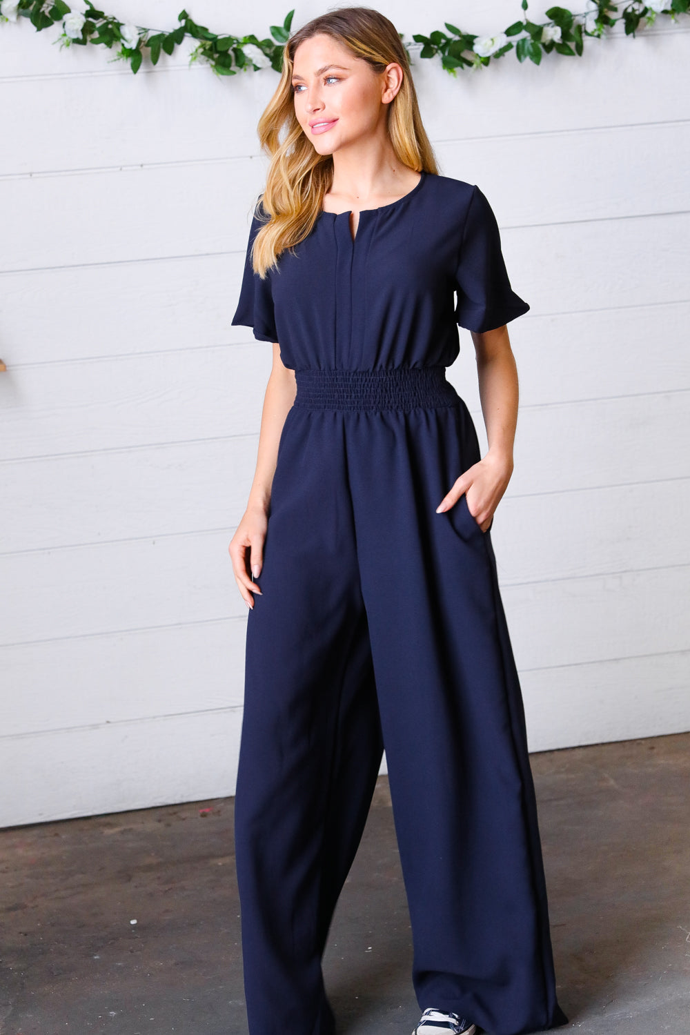 Dark Blue Smocked Waist Notch Neck Crepe Jumpsuit -SALE-