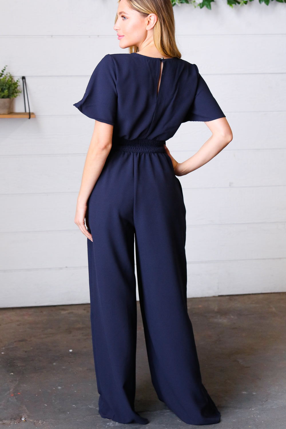 Dark Blue Smocked Waist Notch Neck Crepe Jumpsuit -SALE-