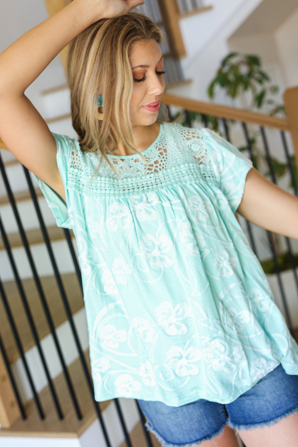 Lovely In Aquamarine Embroidered Flutter Sleeve Woven Top