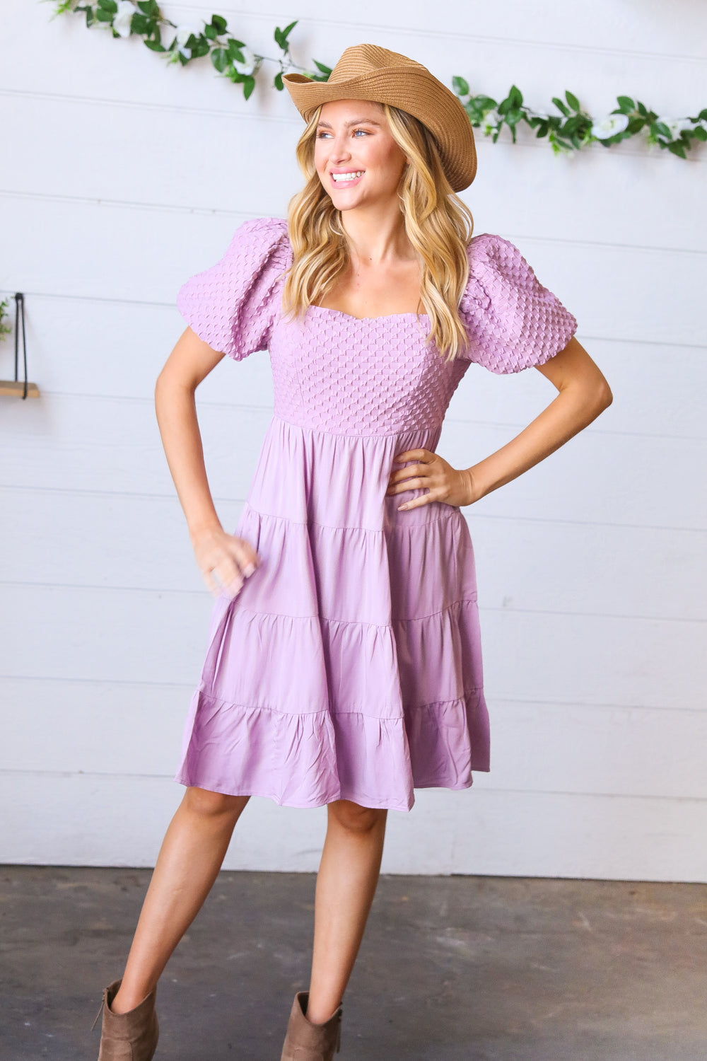 Lavender Haze Dress Lilac Embossed Bubble Sleeve Smocked Tiered Babydoll Dress ~SALE~