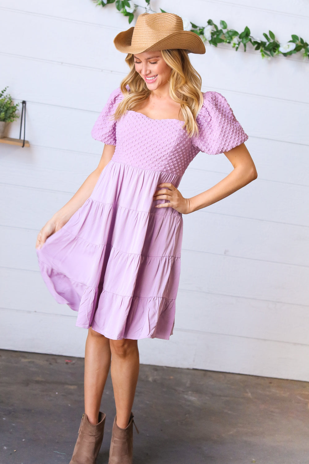 Lavender Haze Dress Lilac Embossed Bubble Sleeve Smocked Tiered Babydoll Dress ~SALE~