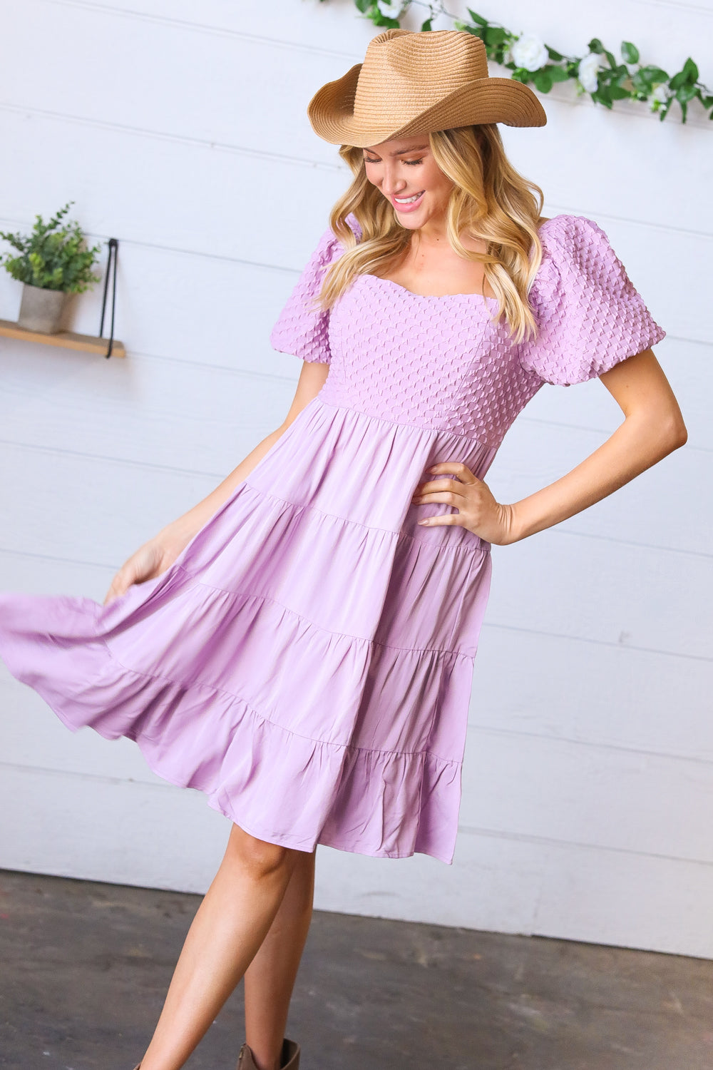 Lavender Haze Dress Lilac Embossed Bubble Sleeve Smocked Tiered Babydoll Dress ~SALE~